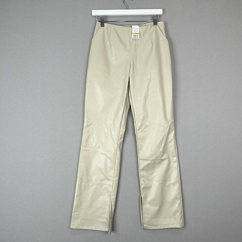 Le Lis Womens Pant Small Beige Vegan Leather Trouser Split Hem Wide Date Club